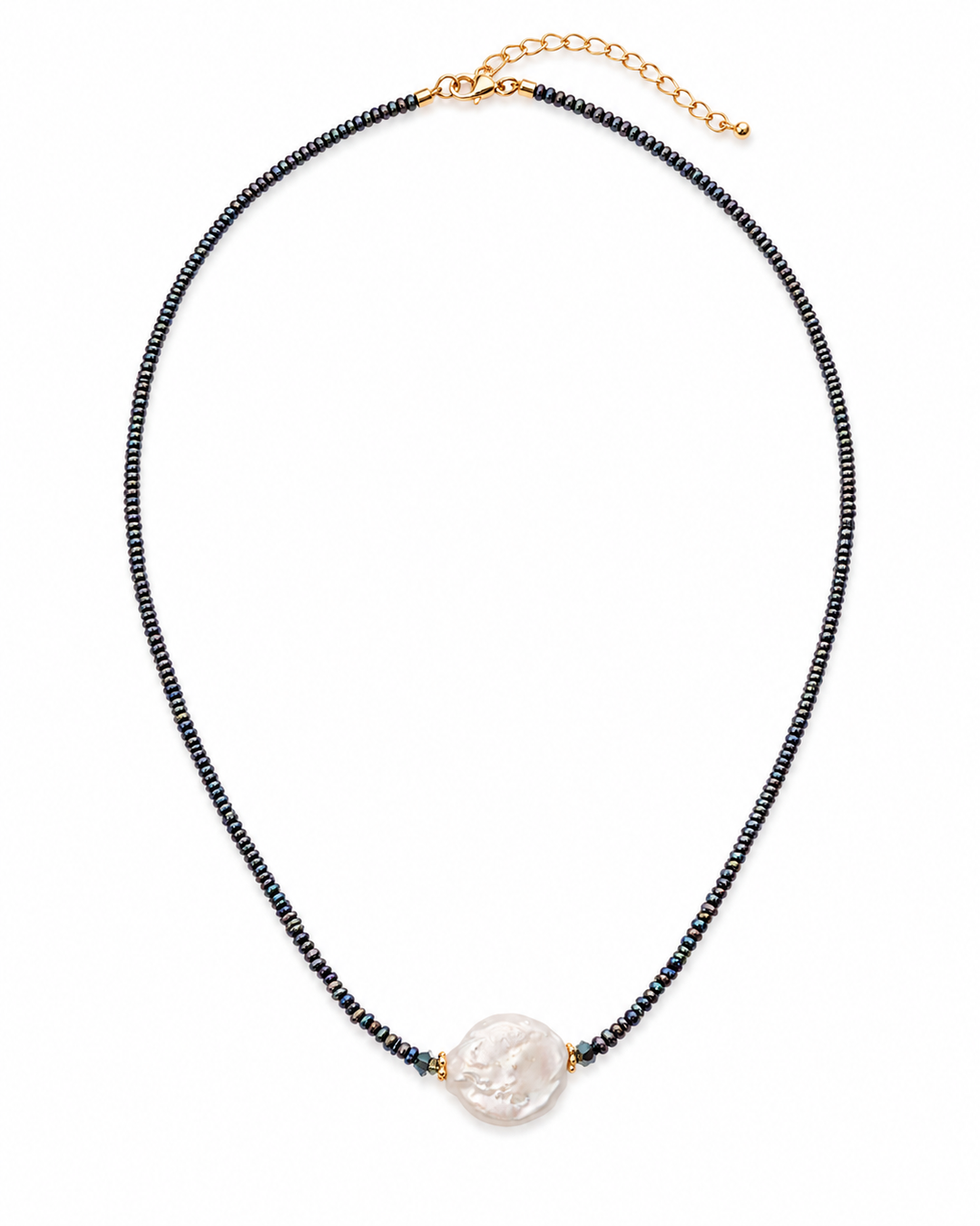 Beaded abalone shell necklace with baroque pearl pendant