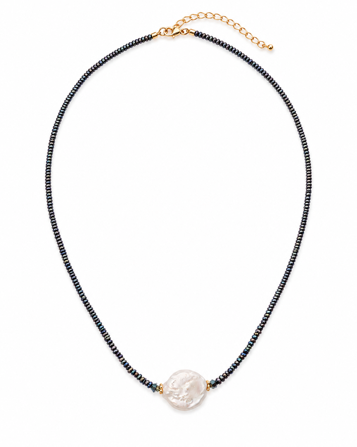 Beaded abalone shell necklace with baroque pearl pendant