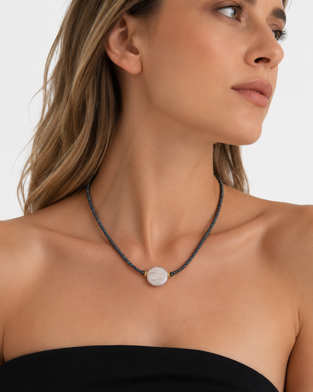 Aisling abalone pearl necklace styled on model