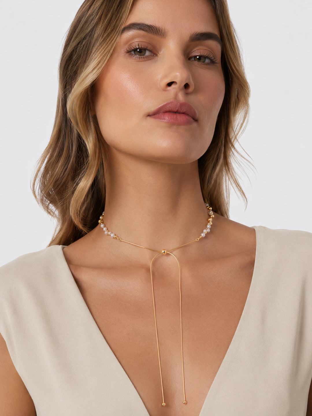 Alyssa adjustable pearl lariat necklace worn as Y-necklace