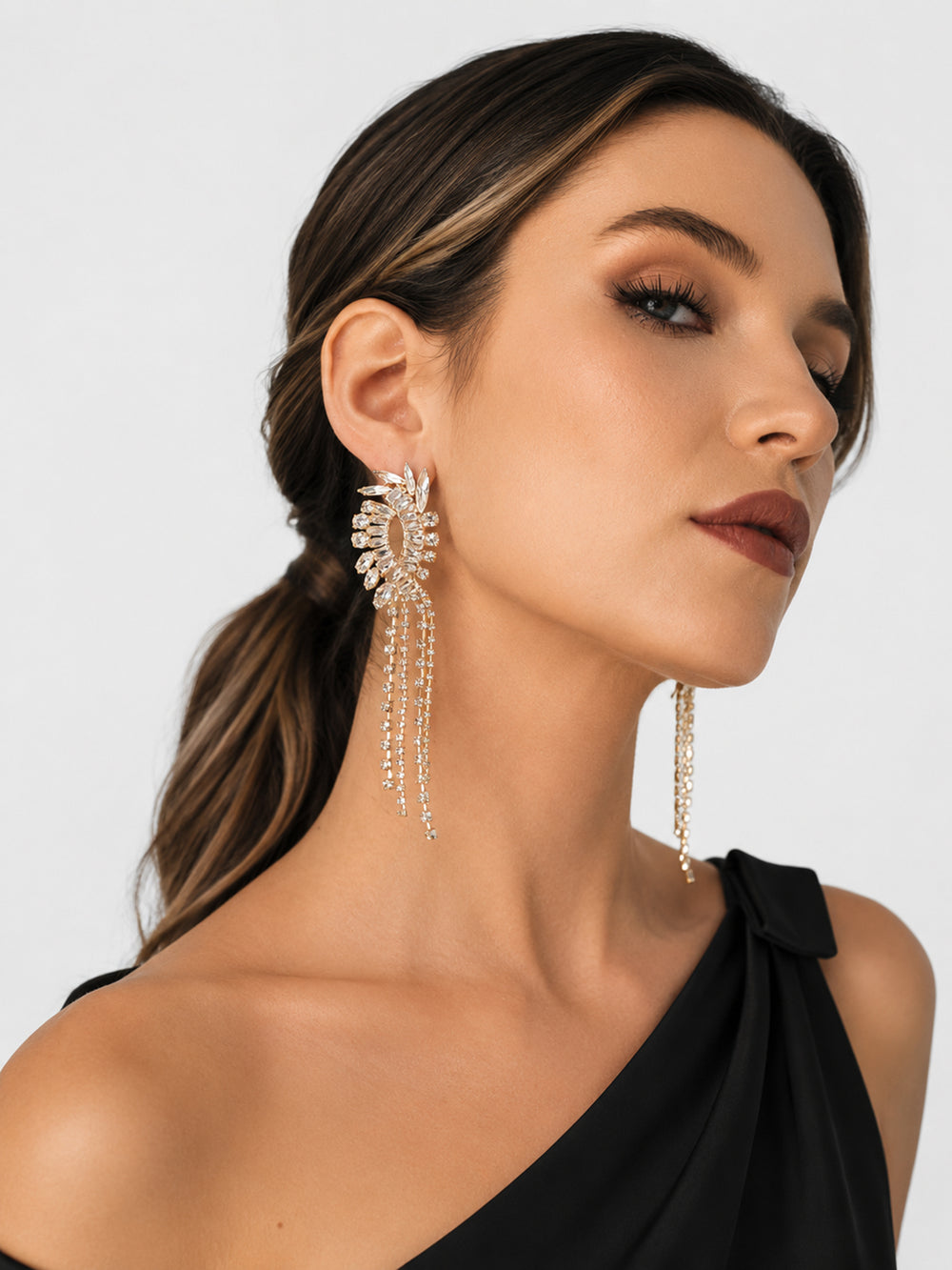 Angelica crystal chandelier earrings styled on model