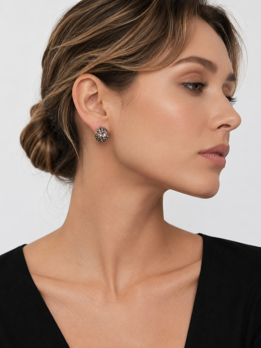 Azura crystal stud earrings styled on model
