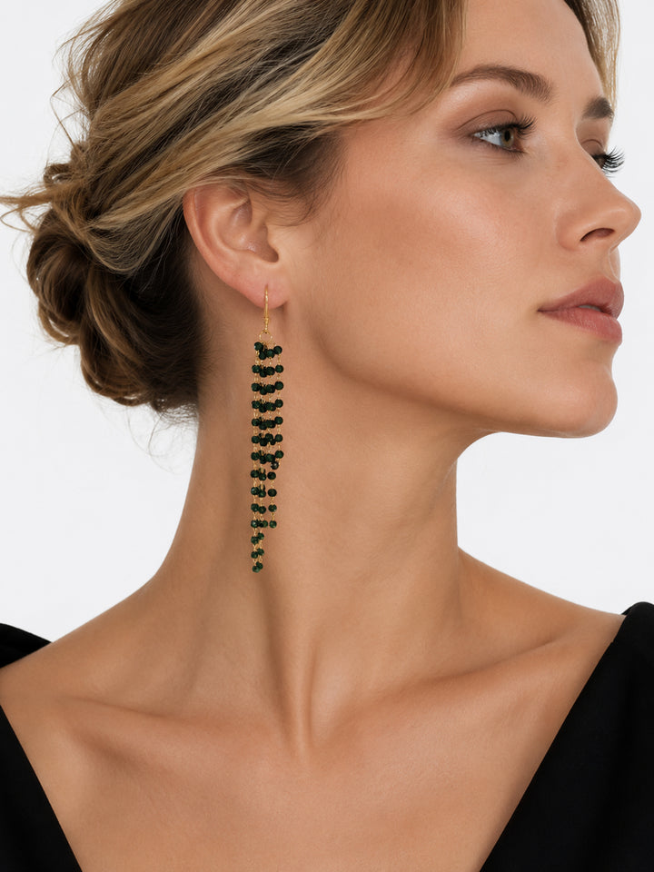 Clarissa green stone statement earrings styled on model