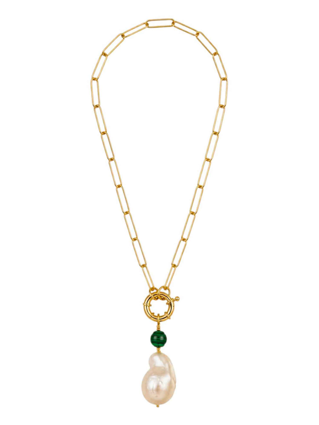 Full view of Clear Breeze baroque pearl malachite necklace with gold-plated chain
