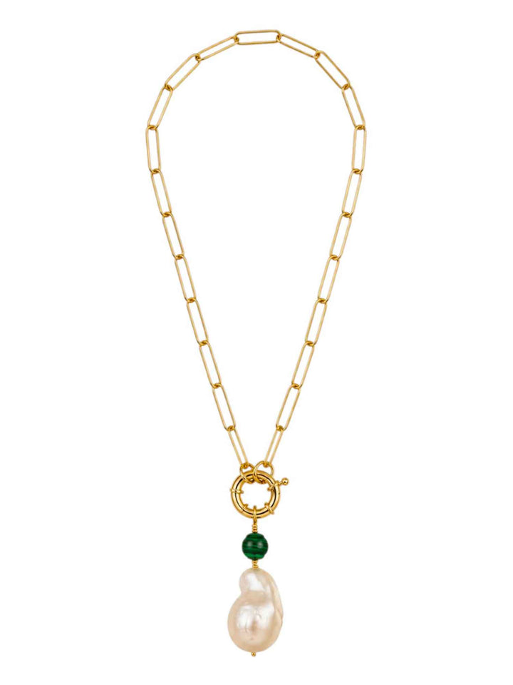 Full view of Clear Breeze baroque pearl malachite necklace with gold-plated chain