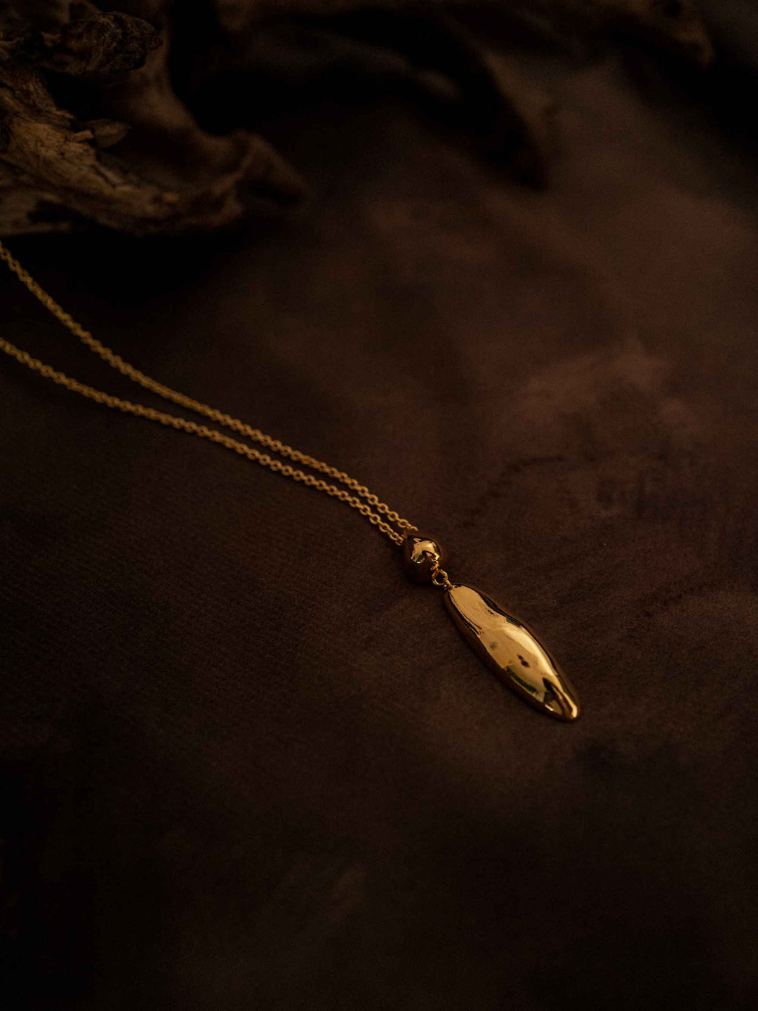 A gold necklace with a simple pendant