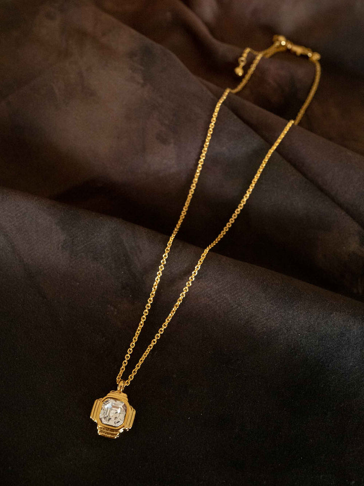 One Square Glass Crystal Pendant Gold Necklace