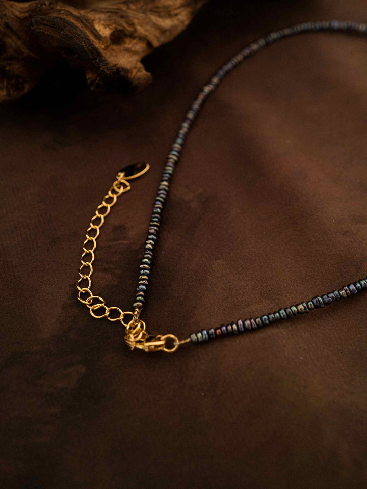 A necklace handmade from abalone shells and natural stones