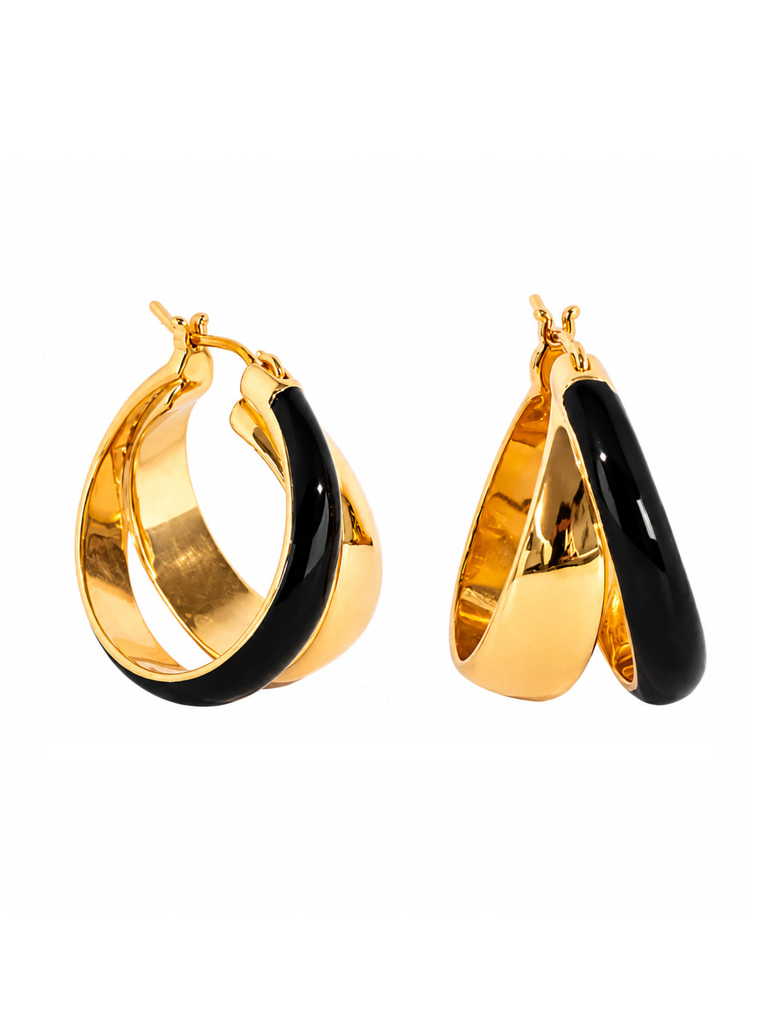 Delfina black enamel hoops with polished gold-plated finish