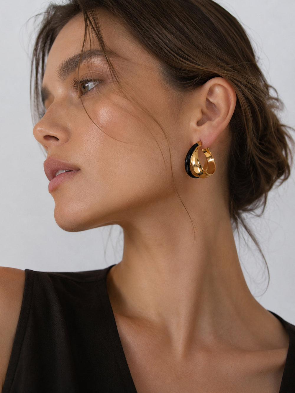 Delfina black enamel hoops styled on model
