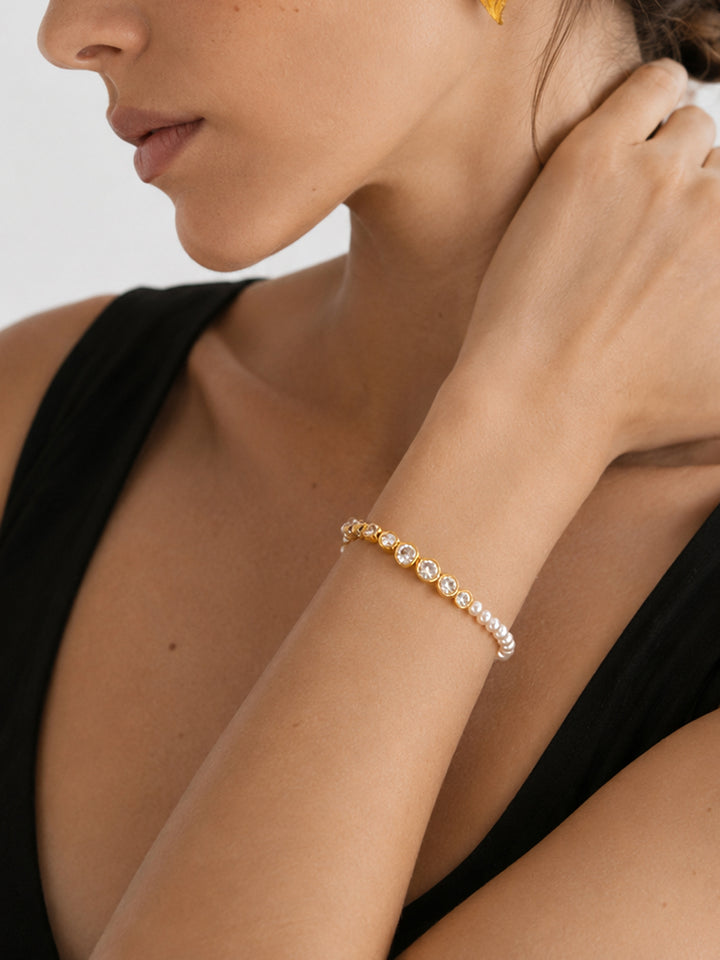 Elena pearl and crystal bracelet styled on wrist