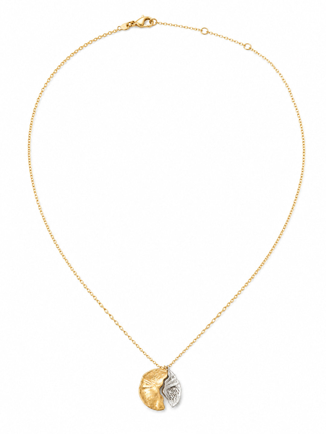 Gold and silver crescent pendant necklace with hammered texture