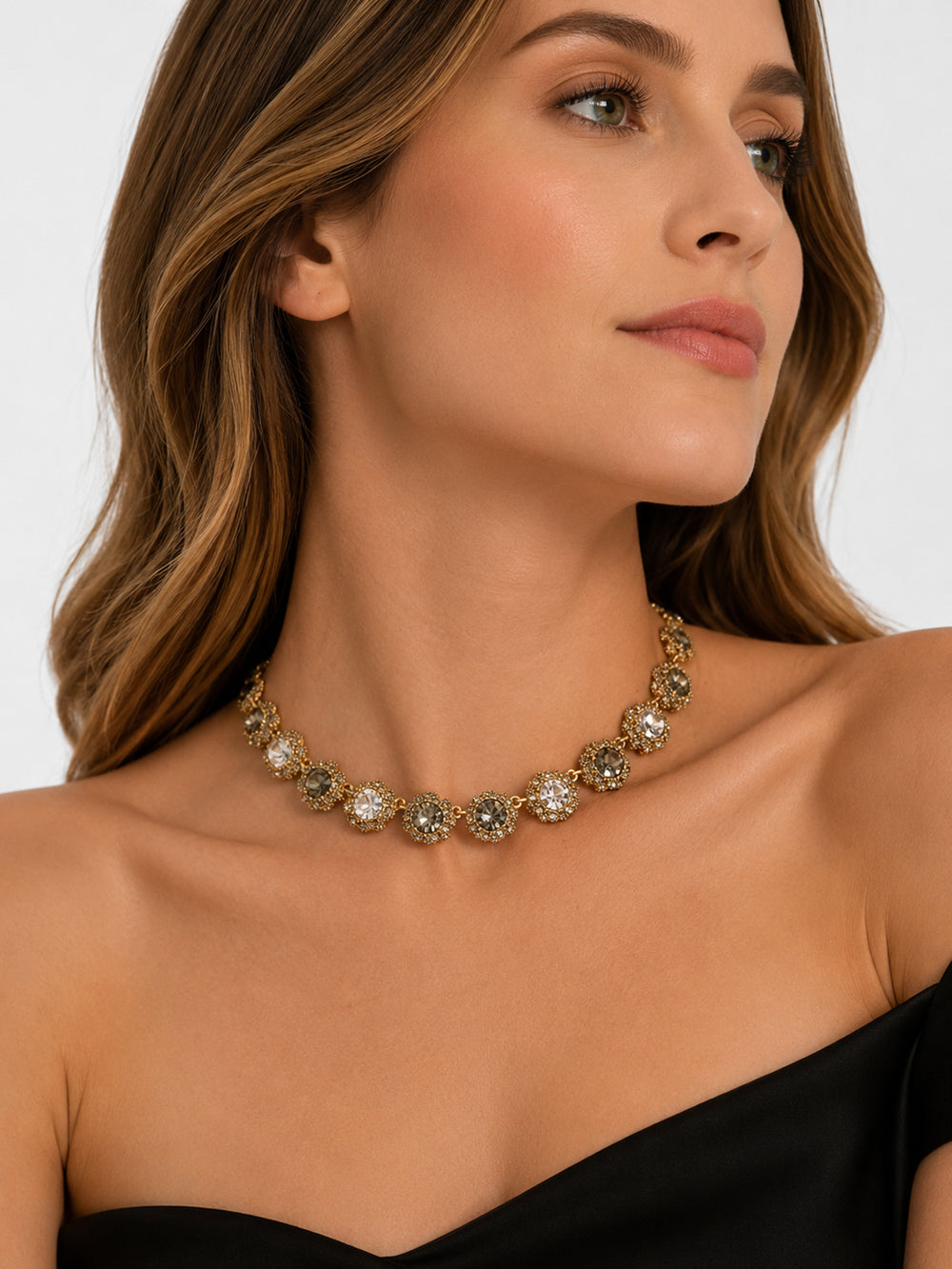 Eulalie crystal cluster necklace styled on model