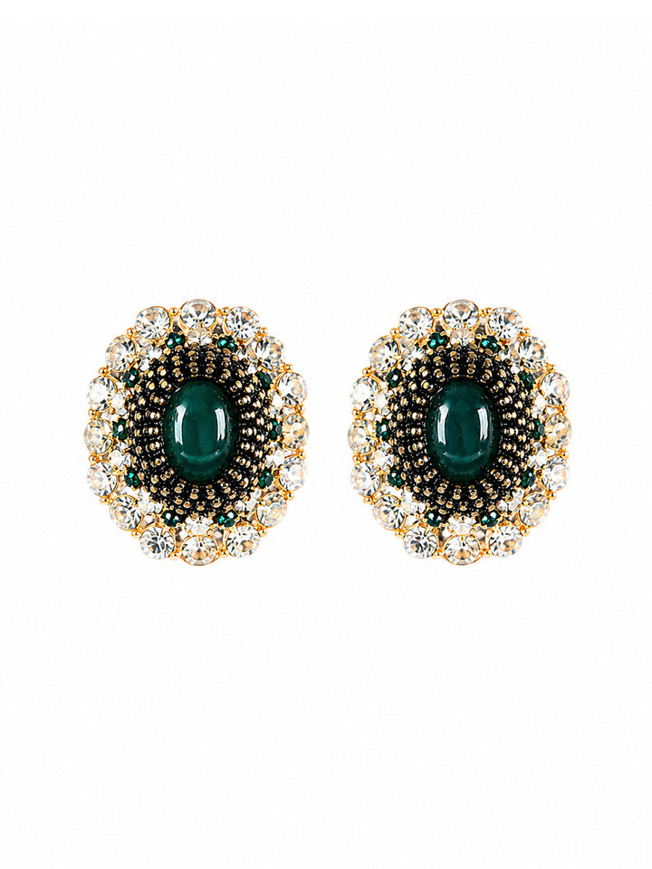 Farrah green agate cabochon earrings with clear crystal accents