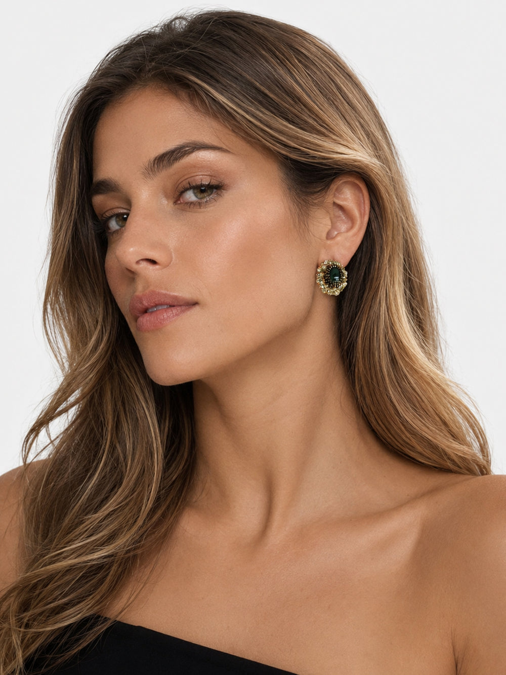 Model wearing Farrah green cabochon statement earrings