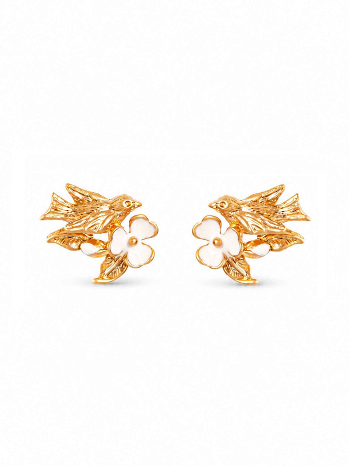 Pendientes de pájaro y flor de oro