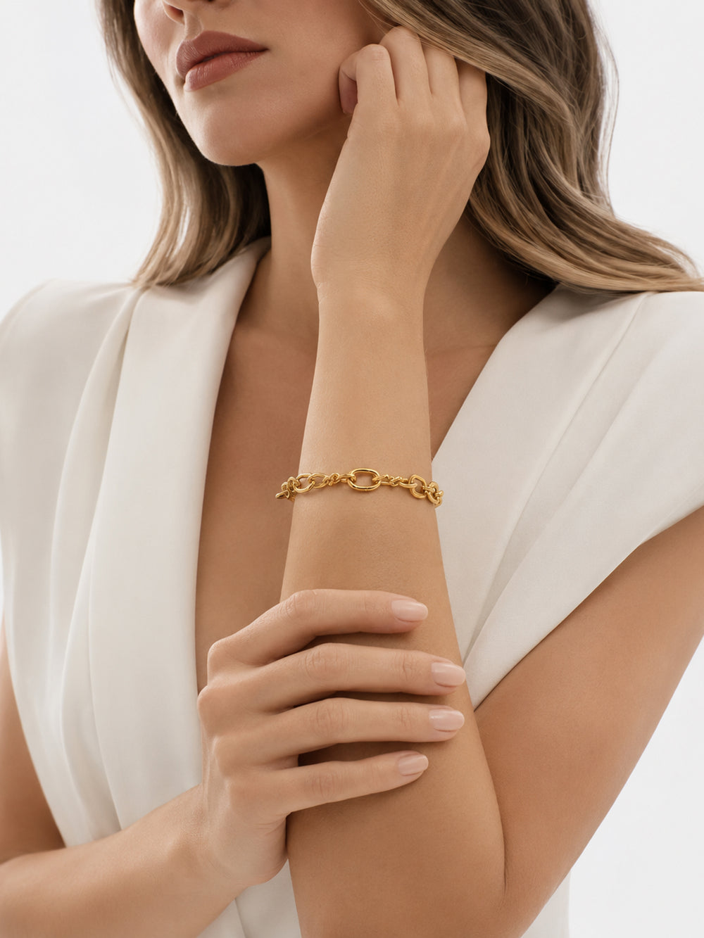 Hyacinth link bracelet styled on wrist