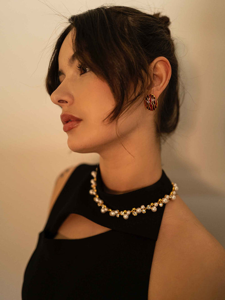 Red Wave Gold Earrings