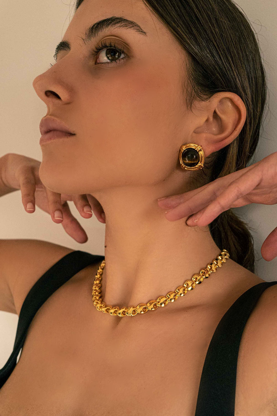 Brown Tiger Eye Stone Gold Earrings