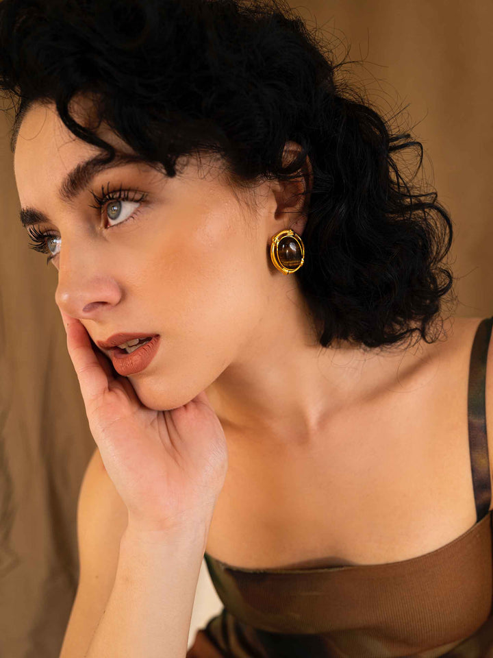 Brown Tiger eye Stone Gold Earrings