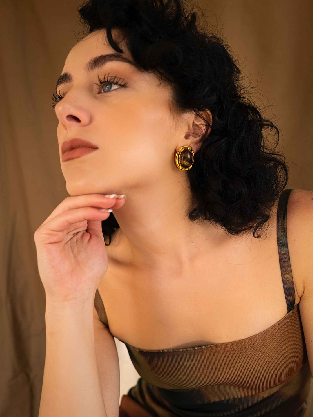 Brown Tiger eye Stone Gold Earrings