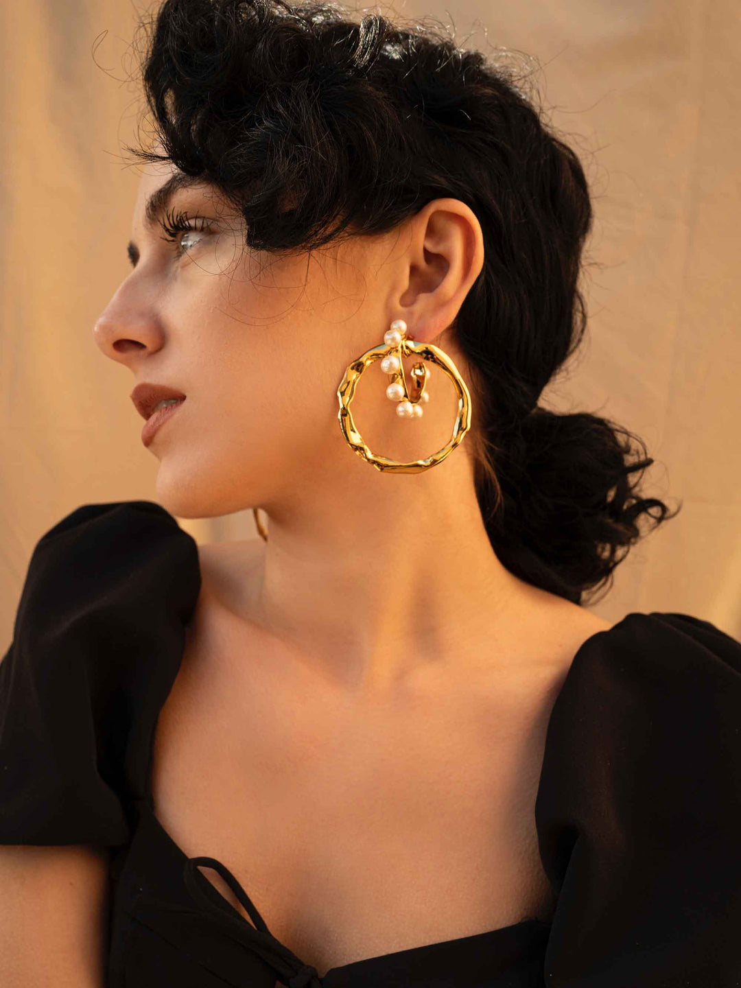 Two-Way Cotton Pearl Gold Hoop Earrings