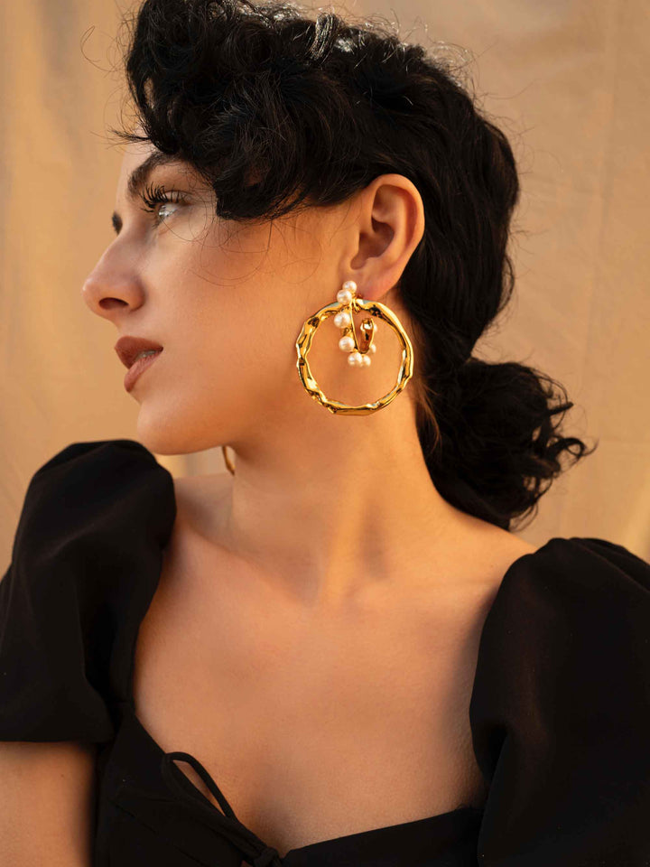 Two-Way Cotton Pearl Gold Hoop Earrings