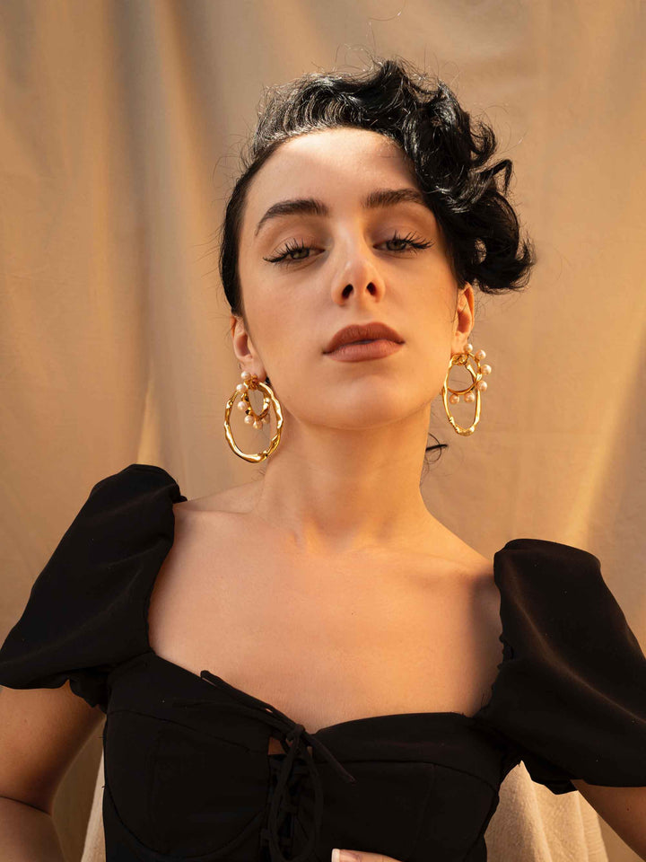 Two-Way Cotton Pearl Gold Hoop Earrings
