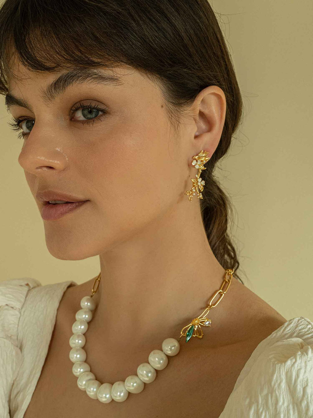 Long White Flower Gold Earrings
