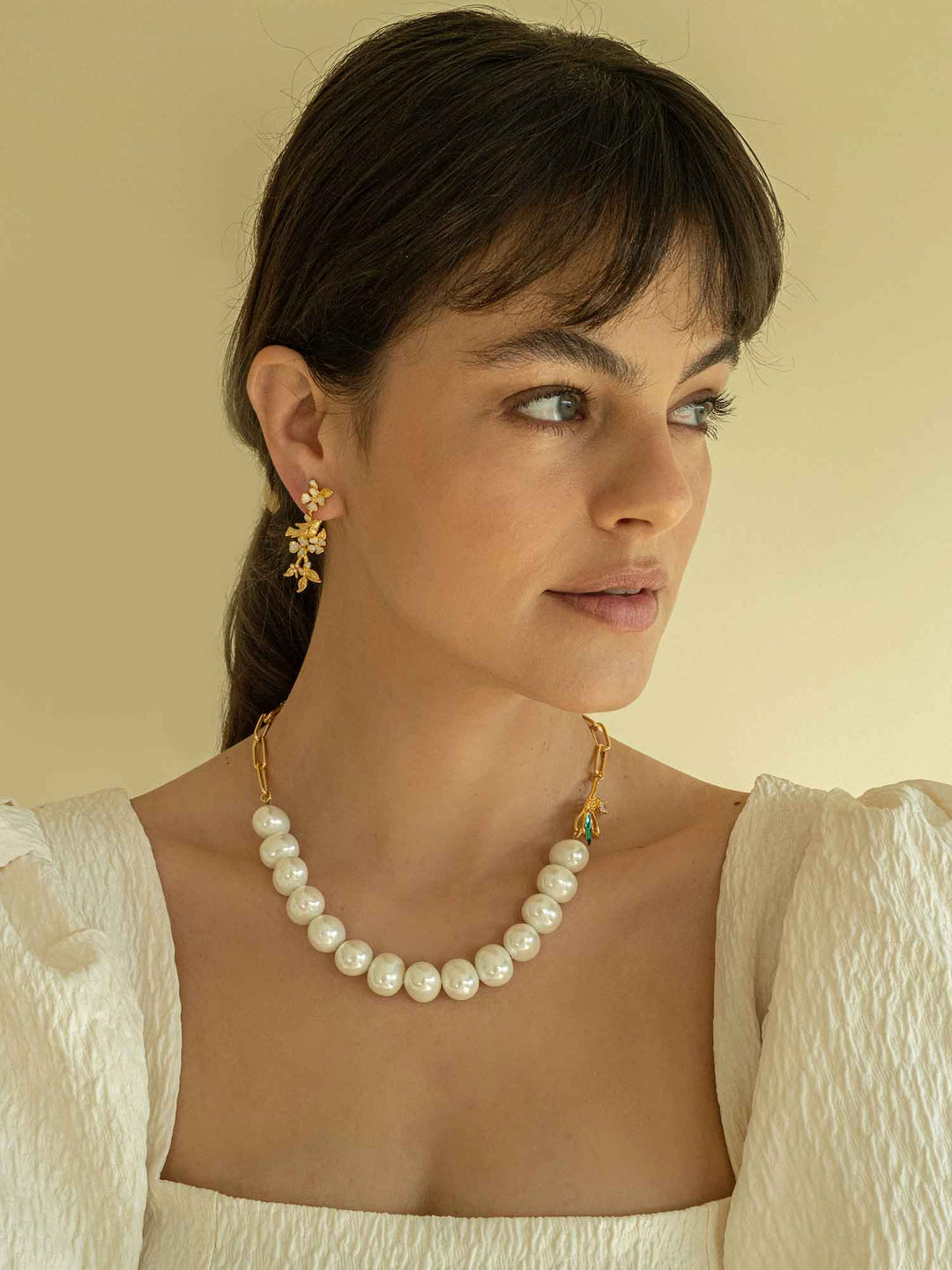 Long White Flower Gold Earrings
