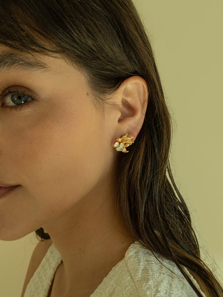Gold Bird and Flower Earrings