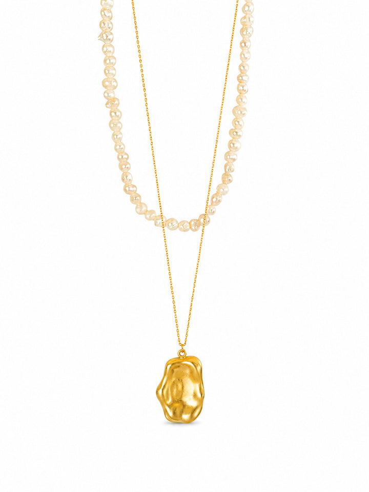 Layered freshwater pearl necklace with gold pendant chain
