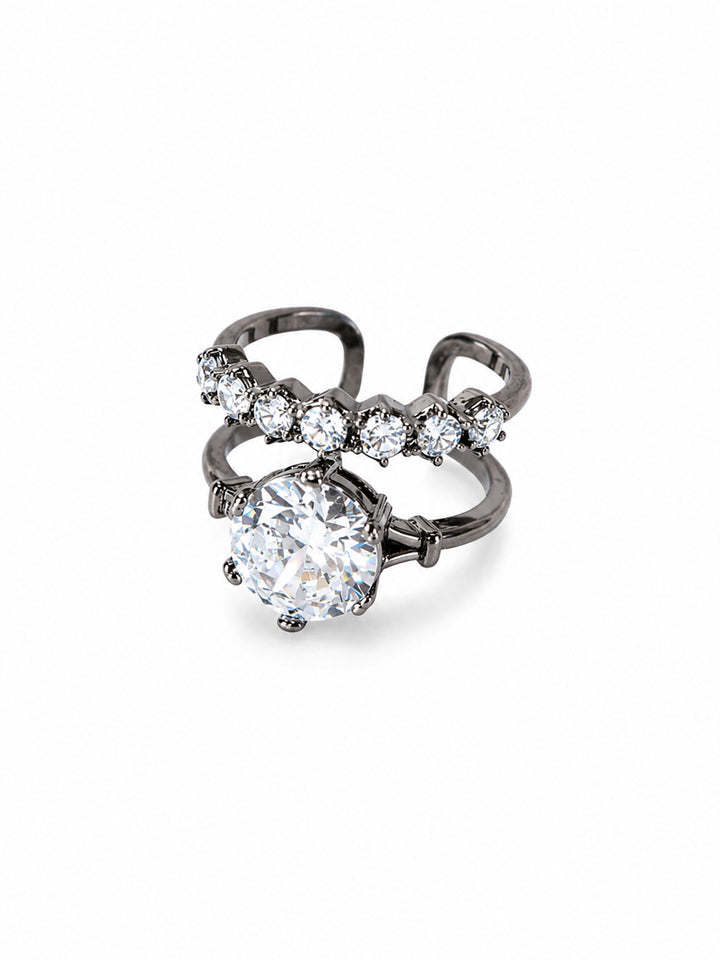 Gunmetal-plated ring with round crystal centre
