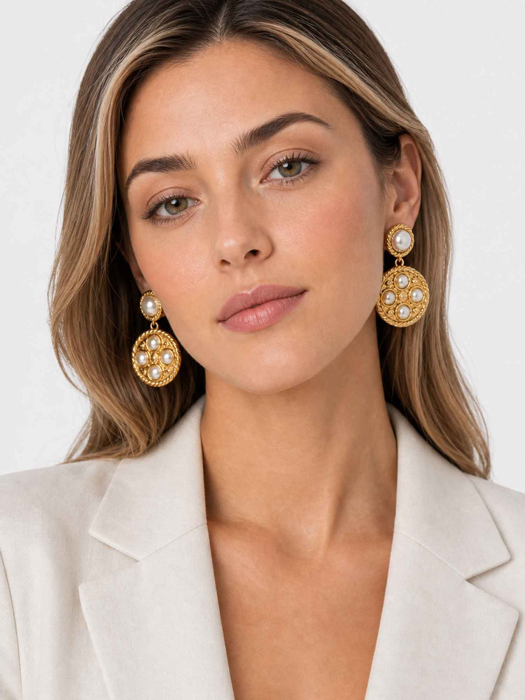 Long Vintage Round Spiral Pearl Gold Earrings