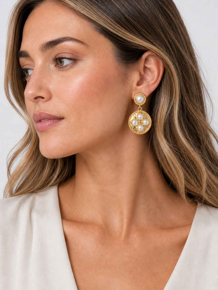 Long Vintage Round Spiral Pearl Gold Earrings