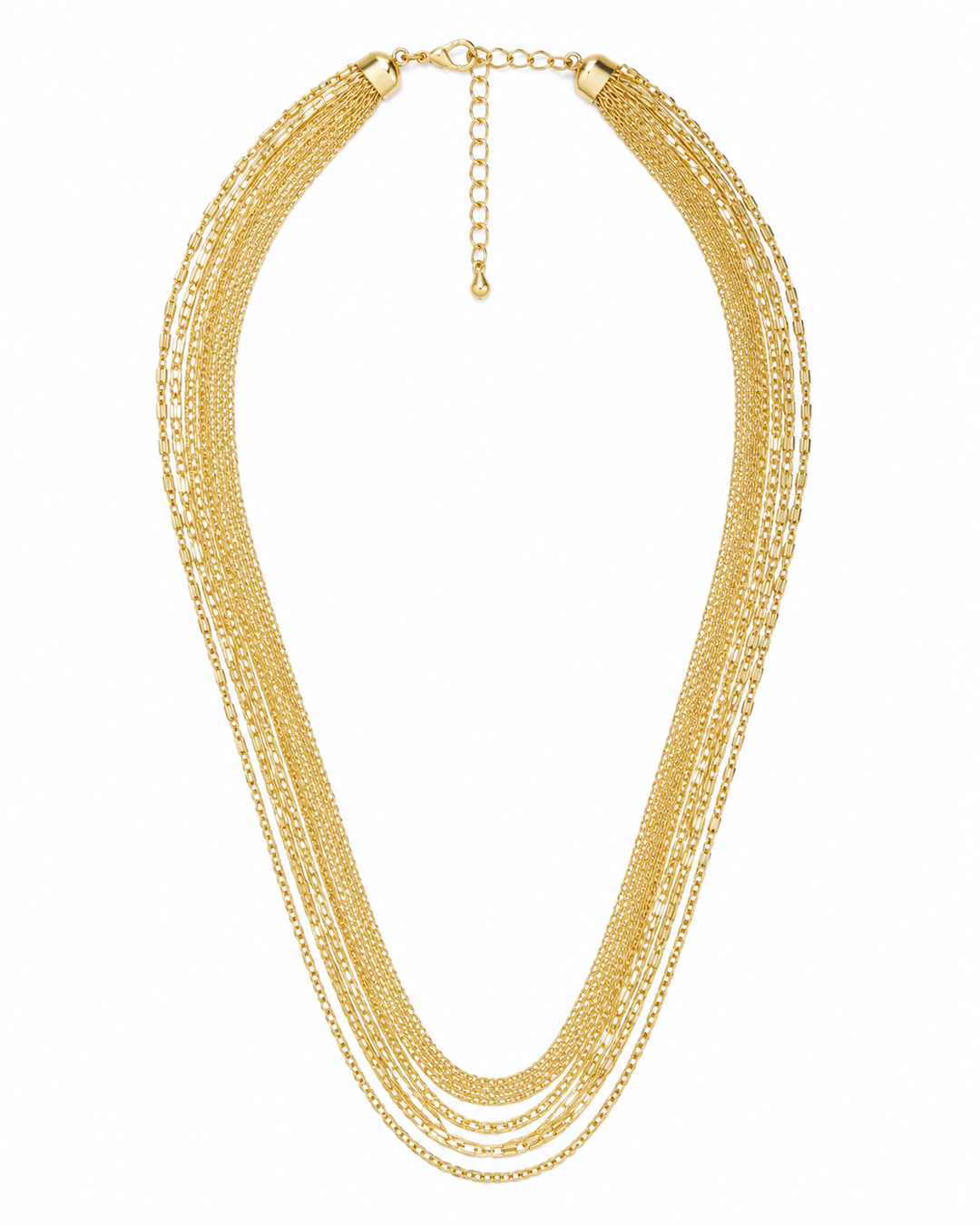 Natalia layered gold chain necklace on red satin