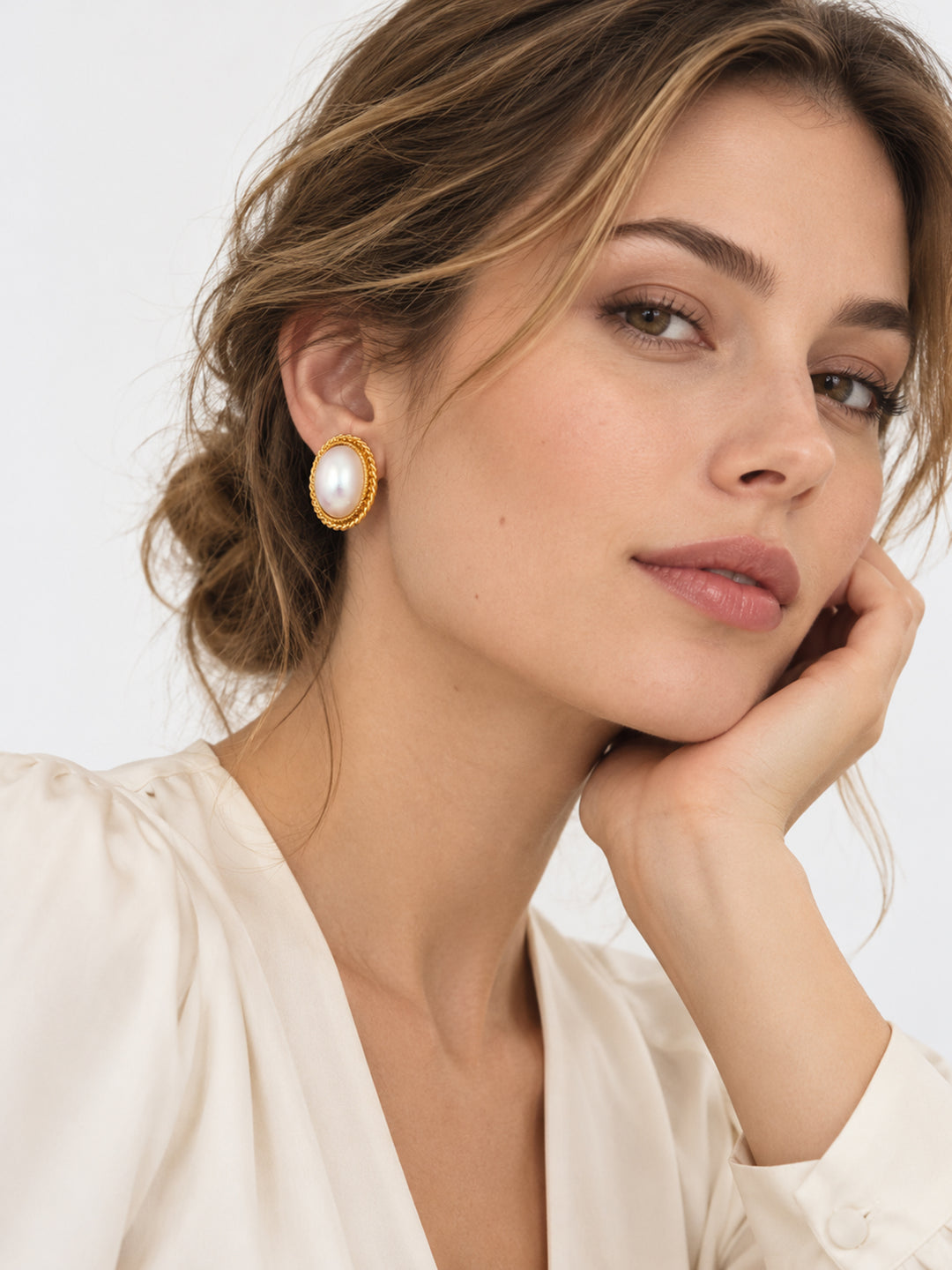 Ottilie Oval Pearl Stud Earrings - view 2