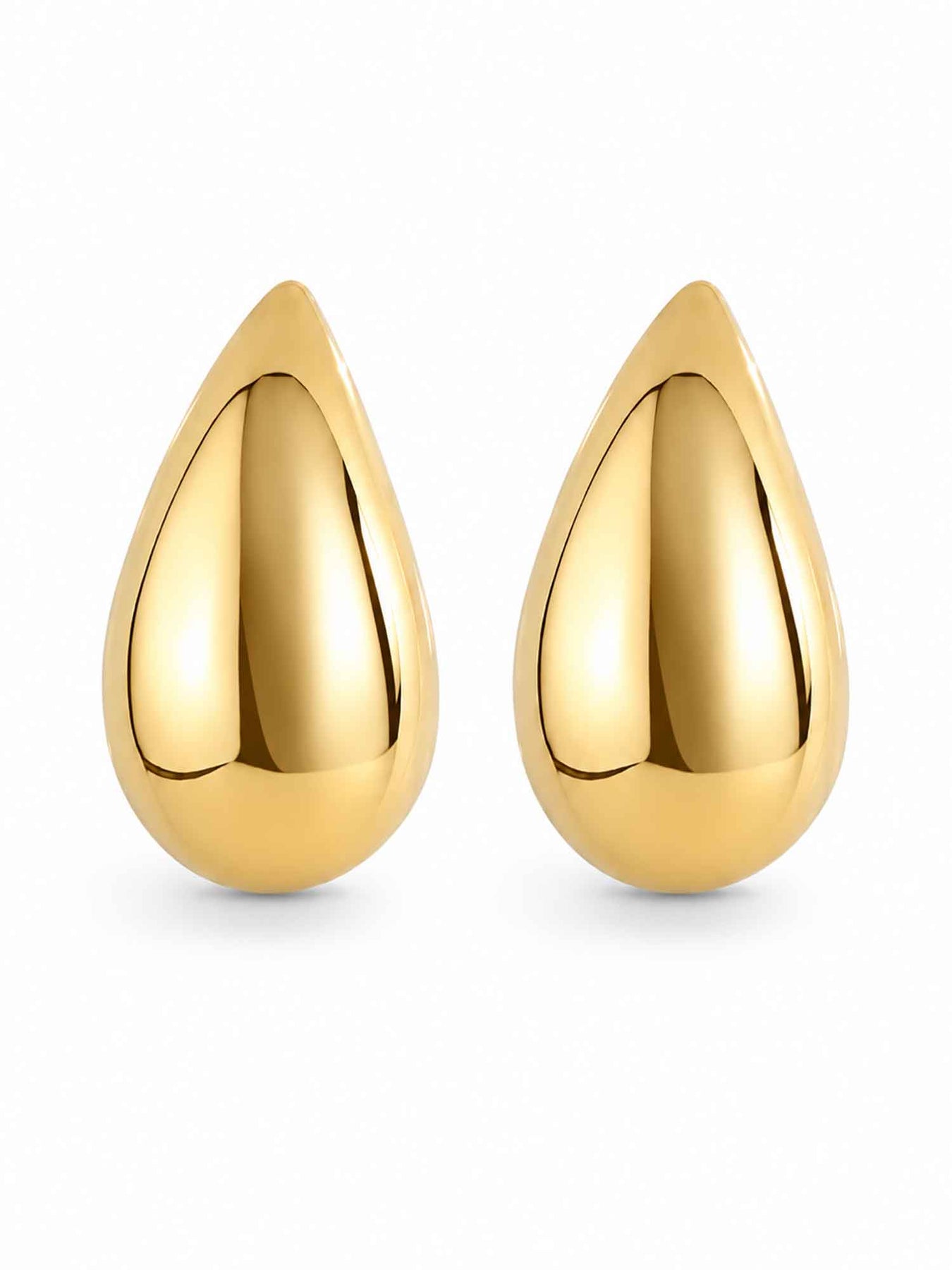 Pair of Titania medium gold teardrop earrings on white background
