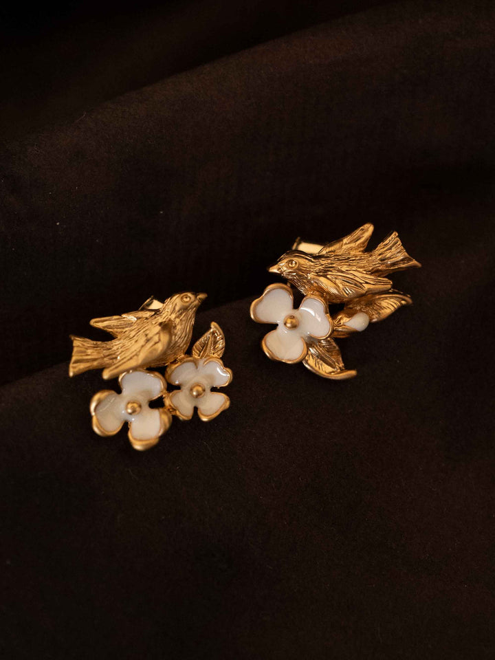 One Bird Flower Gold Earrings
