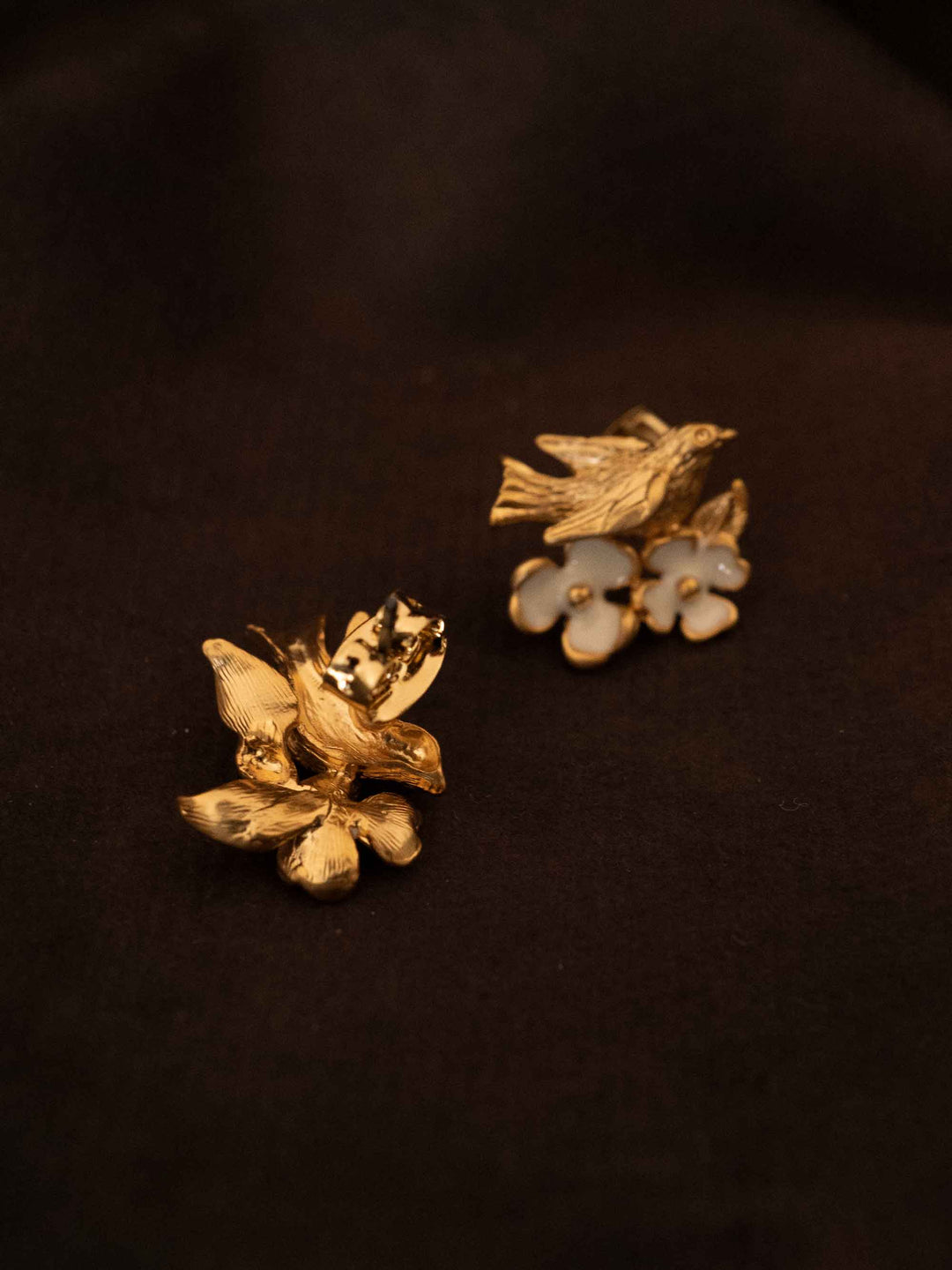 One Bird Flower Gold Earrings