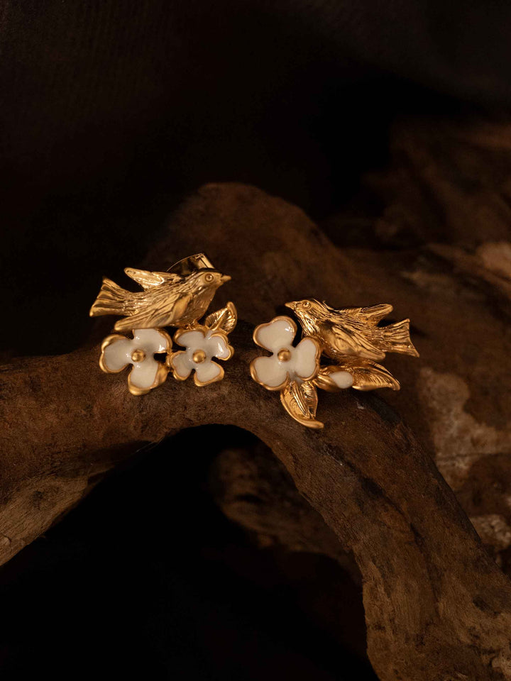 One Bird Flower Gold Earrings