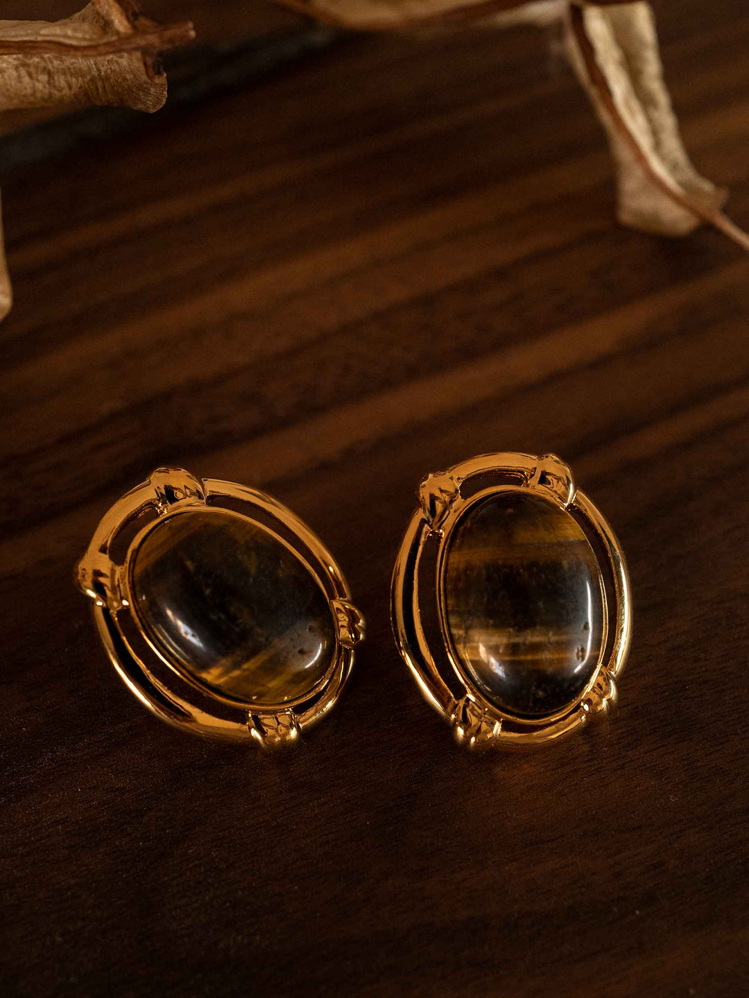 A Brown Stone Oval Gold Earrings