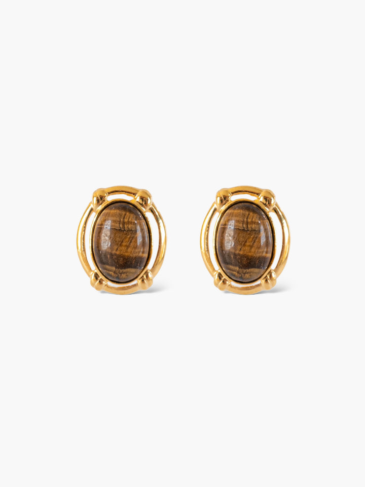Brown Tiger eye Stone Gold Earrings
