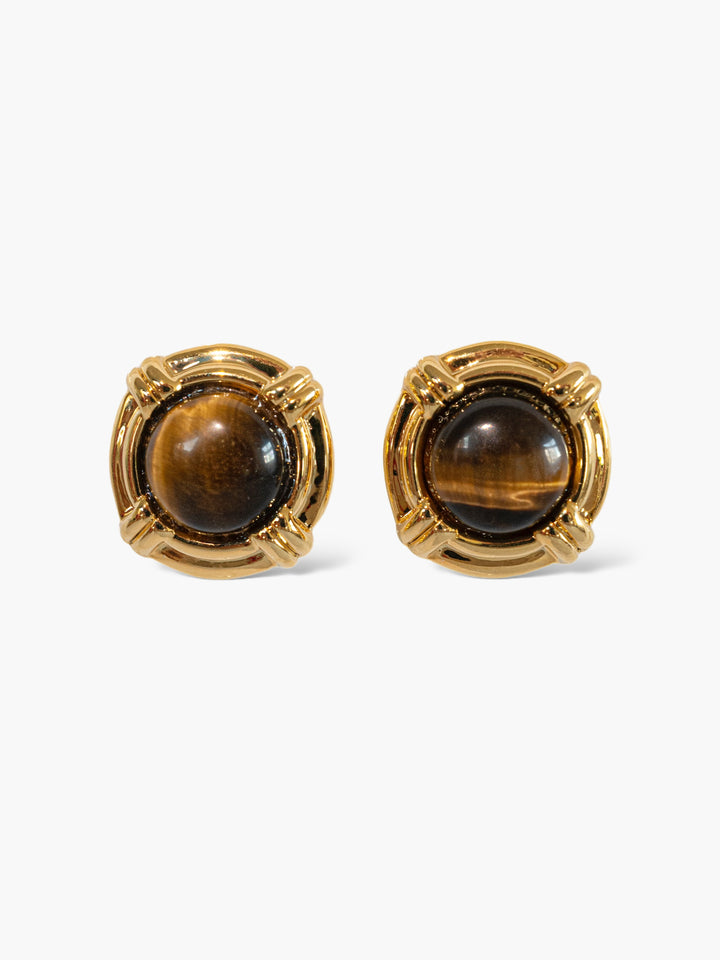 Brown Tiger Eye Stone Gold Earrings