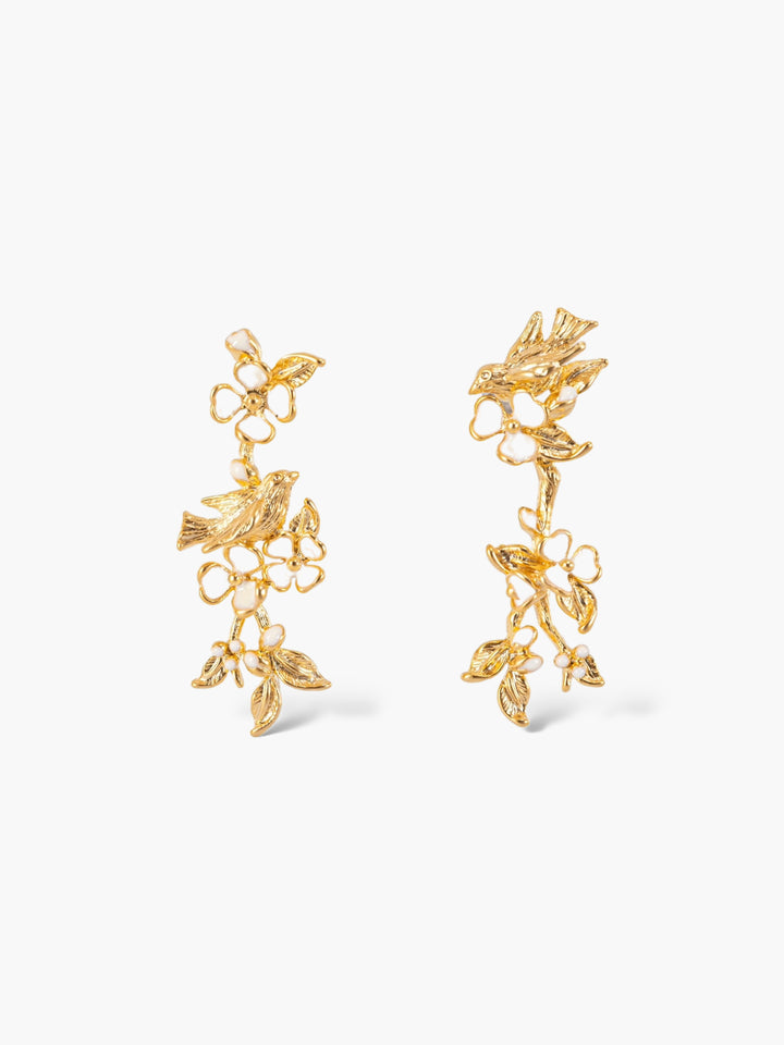 Long White Flower Gold Earrings