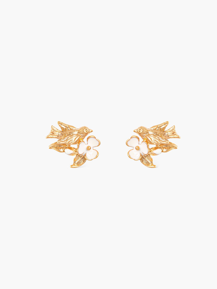 Gold Bird and Flower Earrings