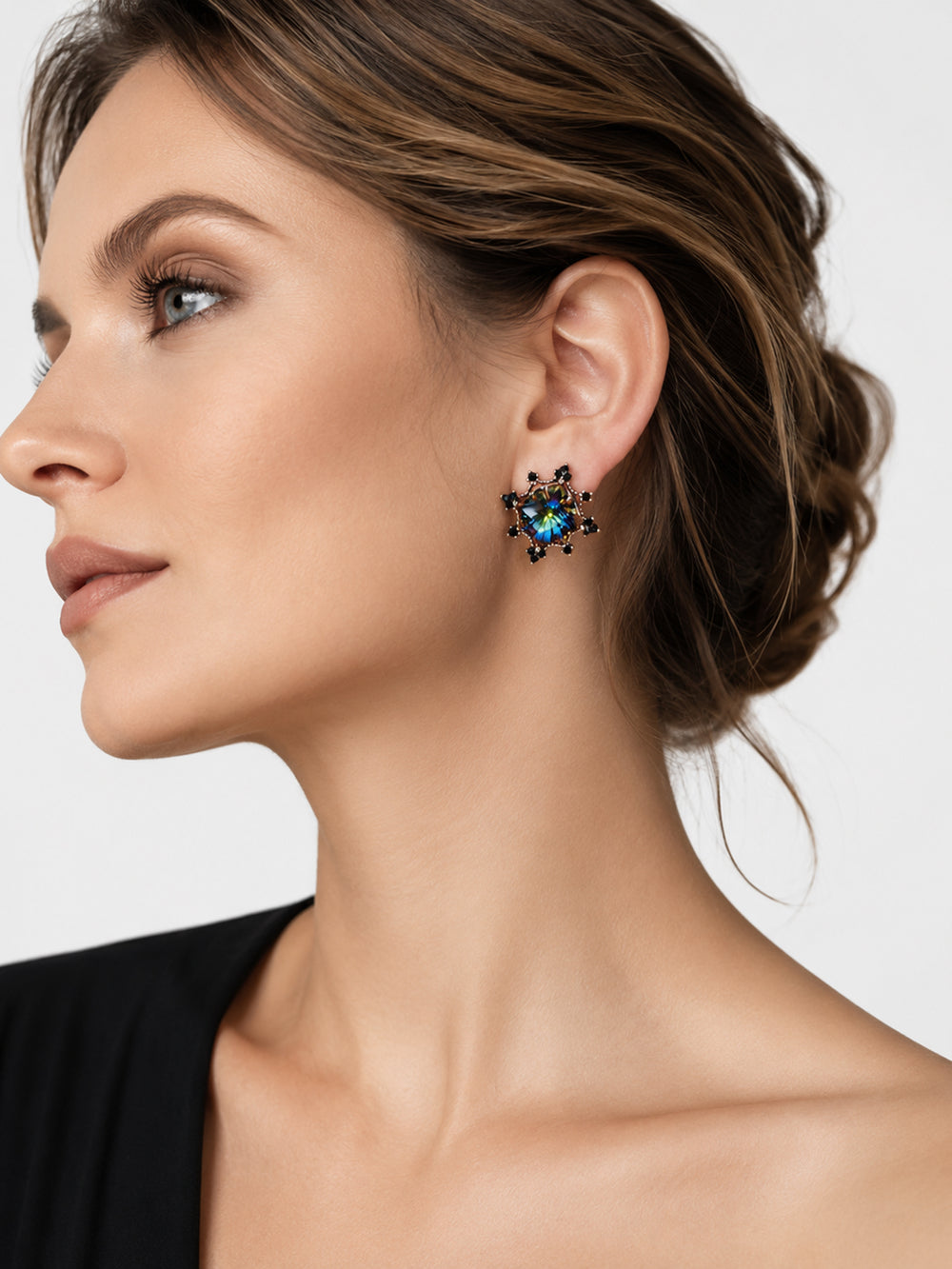 Priscilla aurora crystal earrings styled on model