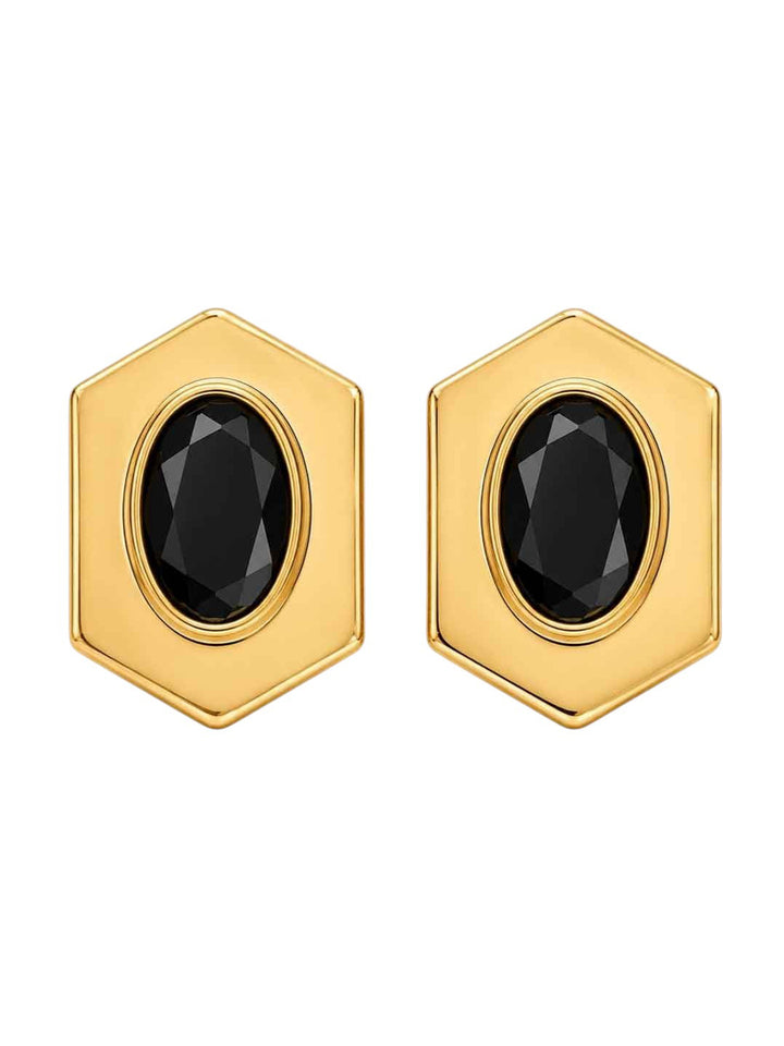Priya black crystal earrings with geometric gold-plated frame