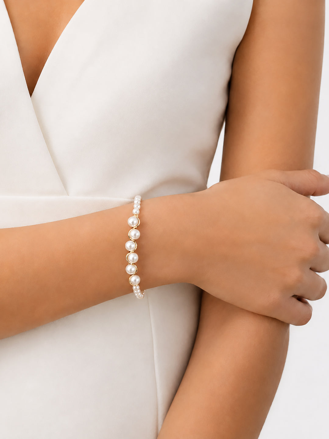 Renee pearl bracelet styled on wrist