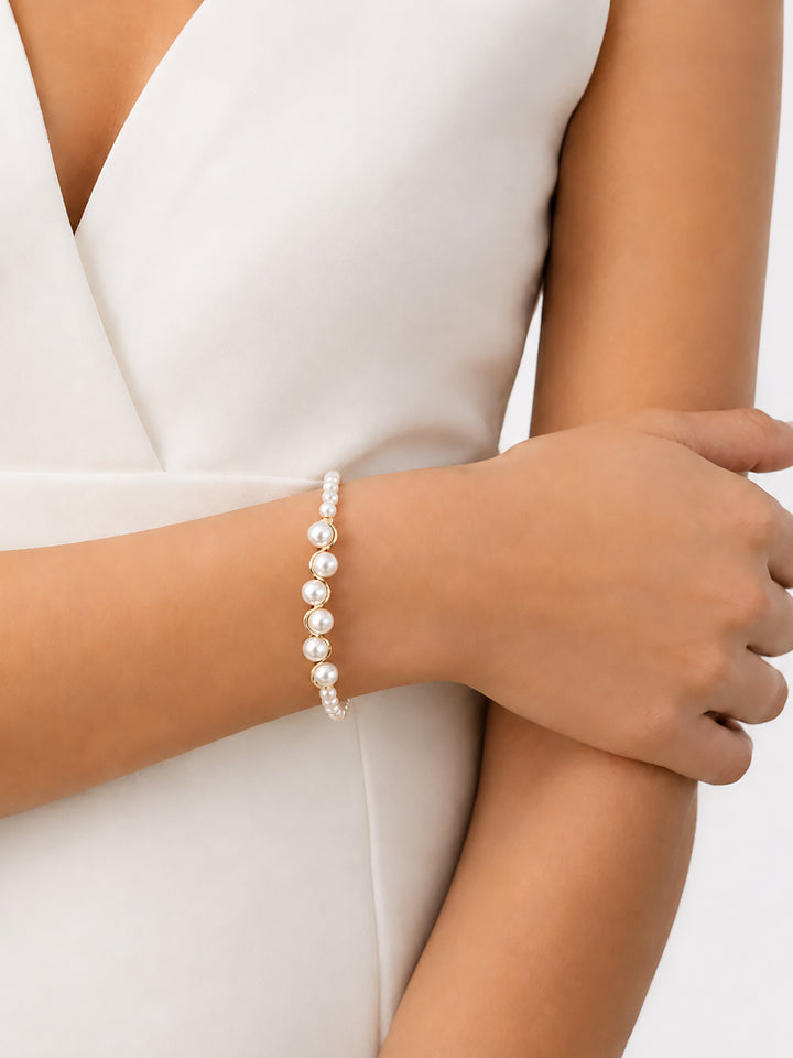 Renee pearl bracelet styled on wrist